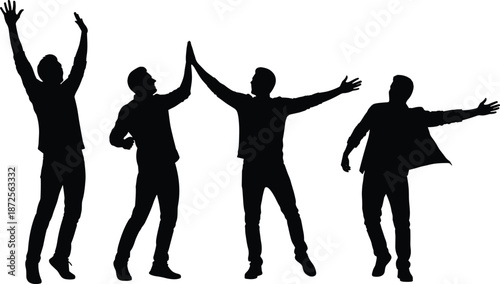 Celebration people silhouettes, happy men dancing high five success gesture teamwork joy freedom victory black vector illustration