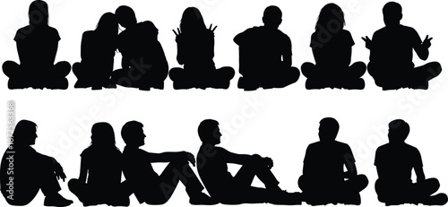 Children sitting silhouettes collection, kids sitting poses from back and side, playful gestures, childhood activities, black vector illustration set