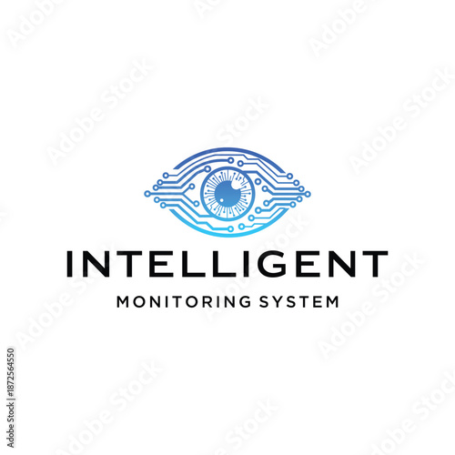 Modern blue digital eye with abstract digital circuit board line for intelligent monitoring system or technology security logo design