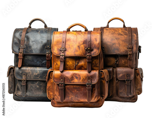 Three leather backpacks in different shades, showcasing various textures and buckle details