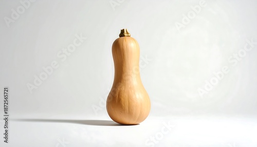 A single butternut squash stands tall against a plain white backdrop, casting a subtle shadow. Its smooth, oblong shape is highlighted