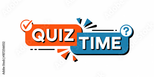 Orange and blue quiz time text with checkmark and question mark Keywords: quiz, time, text, word, typography