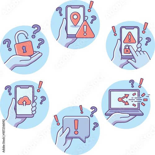 Mobile security warning icon set, phishing alerts, data breach risks, location privacy issues, cloud upload errors, digital safety concept illustration