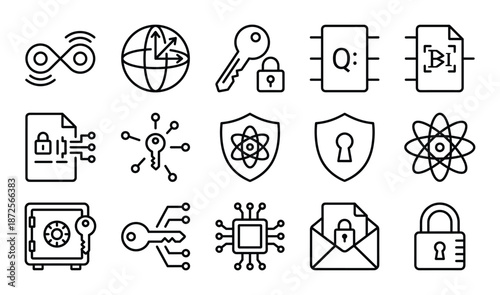 Quantum technology vector icon set futuristic computing abstract science element with security
