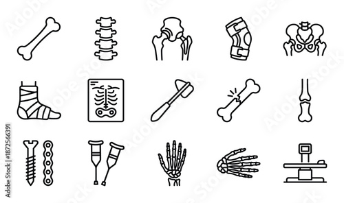 Orthopedic traumatology outline icon set features spine bone crutches x-ray and joint prosthesis structure