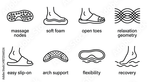 Sandal footwear outline icon set features massage nodes arch support easy slip-on and relaxation geometry