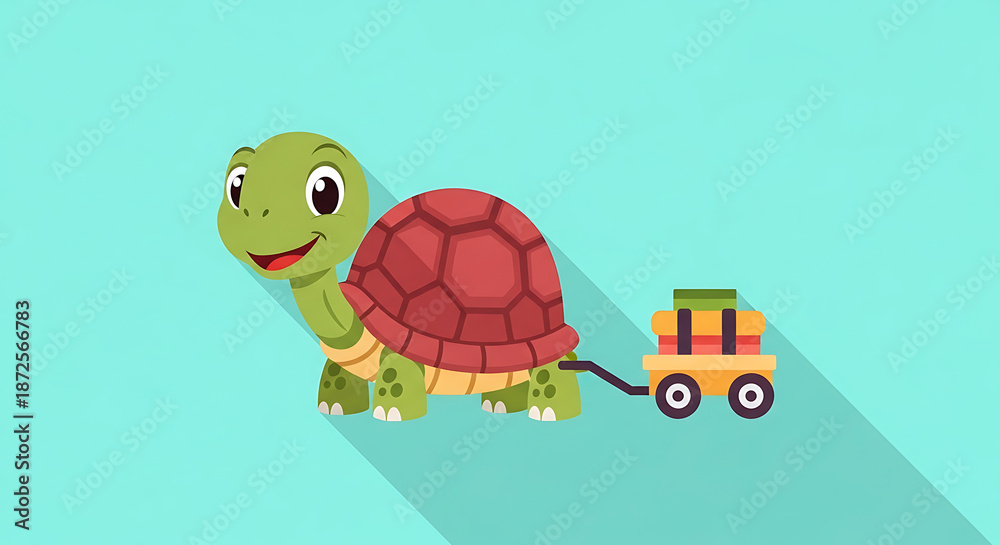 Fototapeta premium Cartoon Turtle Pulling Toy Trailer.