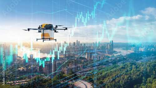 Foto Drone Delivery with Financial Data Over Urban Landscape