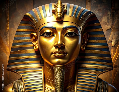 Portrait of a golden pharaoh's funerary mask with intricate details
