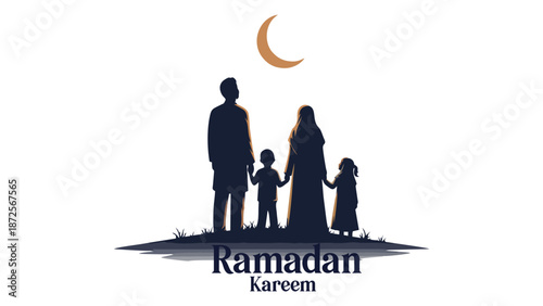 Silhouette of Muslim Family Under Crescent Moon for Ramadan Kareem Greeting