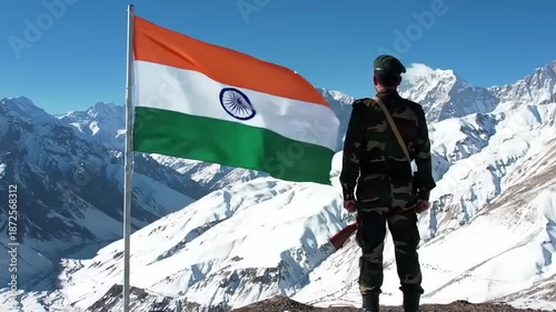 Indian soldier with flag in Himalayas.