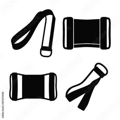 Minimalist black and white illustrations of various yoga straps and fitness accessories