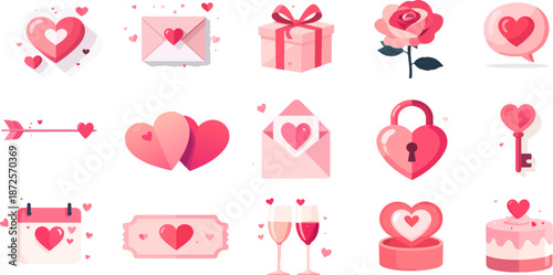 A charming assortment of pink and red icons, perfect for conveying themes of love, romance, and heartfelt celebrations, ideal for digital greeting cards and special valentine day designs.