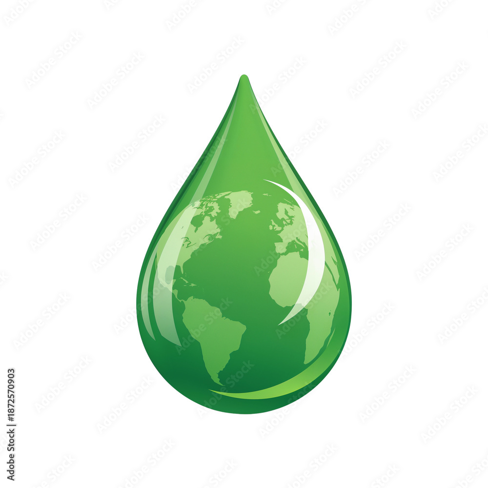 Fototapeta premium Green Earth Drop Icon: Planet within Water Droplet, Ecology and Environment Concept