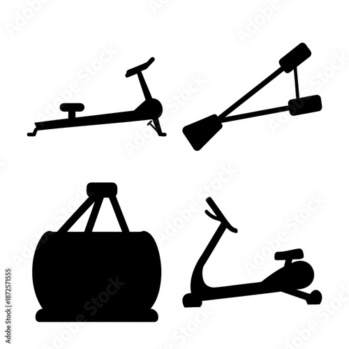 Collection of diverse gym and fitness equipment silhouettes for workout and training