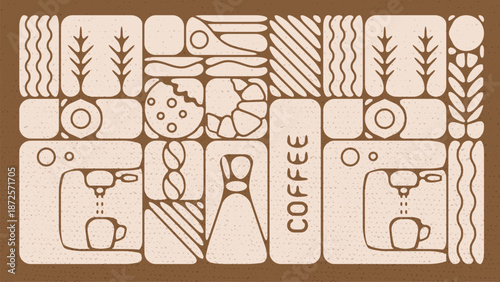 Coffee Decor Background with Flat Geometric Icons Hand Drawn.Vector Illustration
