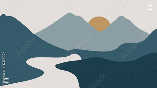 Mountains Landscape and Sunrise with River Flat Grunge Texture Hand Drawn.Vector Illustration