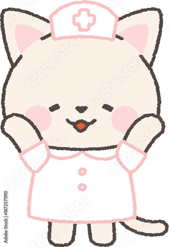 嬉しそうに両手を挙げる白ネコの看護師