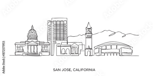 San Jose, California City Skyline Continuous Line Art with City Hall and Arena