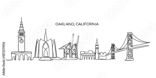 Oakland, California City Skyline Continuous Line Art with Bridge and Port Cranes