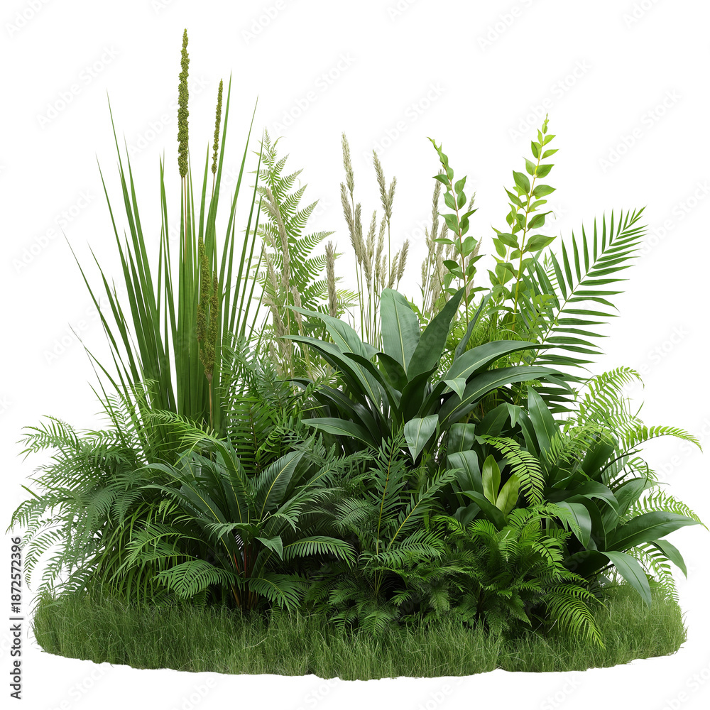 Fototapeta premium Lush Green Tropical Plant Arrangement Isolated on White Background