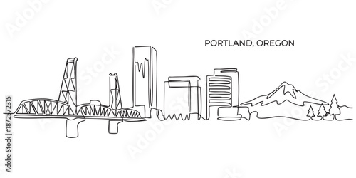 Portland, Oregon City Skyline Continuous Line Art with Mt. Hood and Steel Bridge