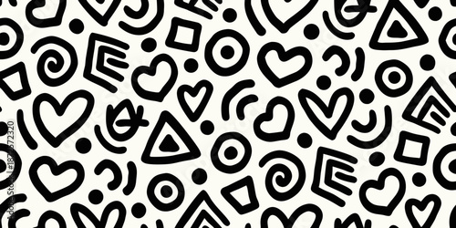 Abstract black and white pattern of playful geometric and organic shapes