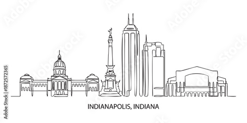 Indianapolis, Indiana City Skyline Continuous Line Art with Monument Circle and Capitol