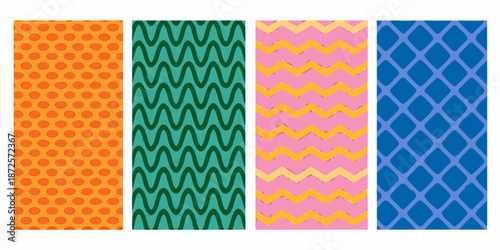 Four colorful patterned strips polka dots waves zigzags and diamonds