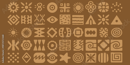 A collection of abstract tribal symbols and geometric patterns in a warm tone