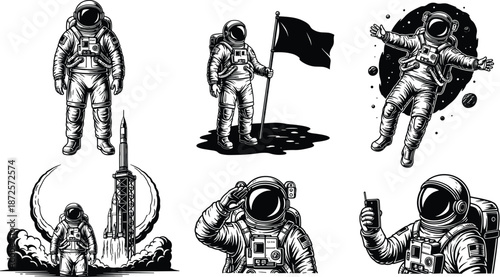 Astronaut and Rocket Silhouette Vector Set Depicting Spacewalk, Flag Planting, Launch, and Exploration for Science and Design Use