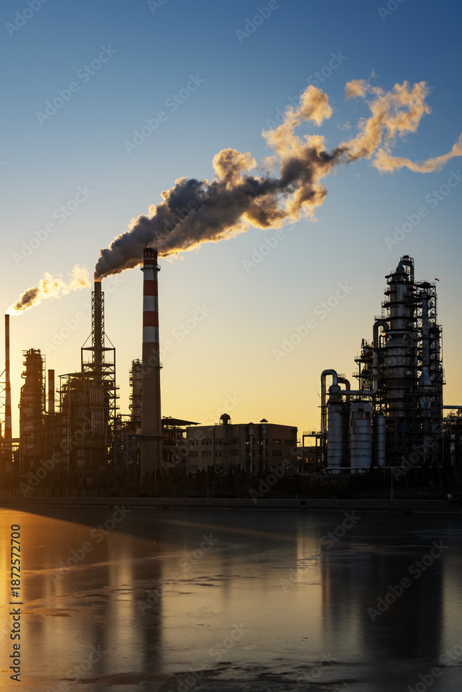 Naklejka premium Industrial Refinery at Sunset with Smoke Emissions