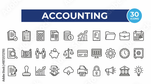 A versatile collection of accounting and finance icons, including invoices, receipts, charts, tax, payroll, budgeting tools, and financial reporting to support bookkeeping and business finance.