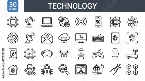 Technology icon set featuring line art symbols of gadgets, robotics, AI, connectivity, cloud computing and digital innovation