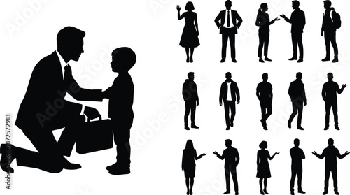 Business mentoring silhouette set showing adult guiding child with professional people poses, leadership, communication, education, and corporate lifestyle concepts
