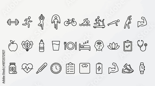 Collection of fitness, wellness, and nutrition icons capturing exercise, sports, and healthy lifestyle activities.
