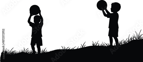 Children playing ball silhouette outdoors on grassy hill, joyful childhood activity illustrating friendship, fun, freedom, playtime, and healthy lifestyle