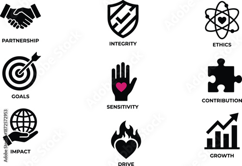 Business values icon set illustrating partnership, integrity, ethics, goals, sensitivity, contribution, impact, drive, and growth for corporate branding concepts
