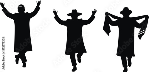 Joyful dancing man silhouette set wearing traditional hat and scarf, expressive movement symbolizing celebration, culture, freedom, happiness, and folk dance energy