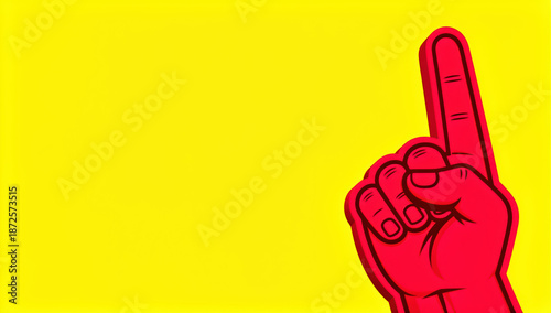 Red hand signaling number one against bright yellow background  