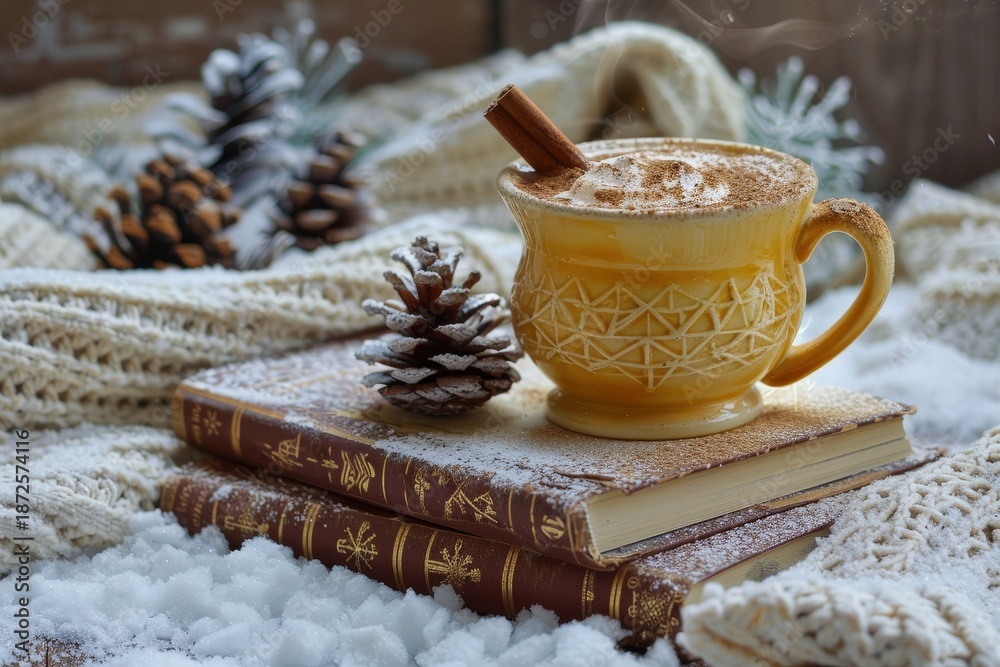custom made wallpaper toronto digitalSteaming beverage rests atop antique books surrounded by winter decorations and soft textile
