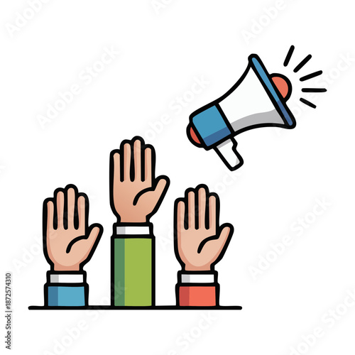 Vector Illustration of a Megaphone and Raised Hands Icon Representing Public Speaking or Voting