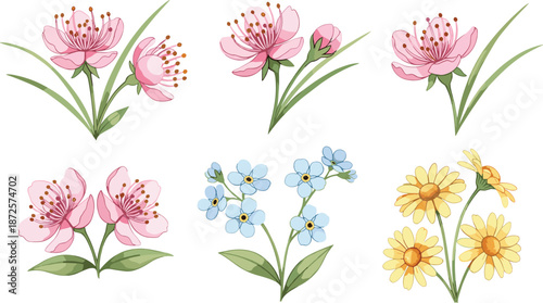 Cartoon flowering plants with pink, blue, and yellow blossoms, botanical vector for floral design, garden illustration, and education