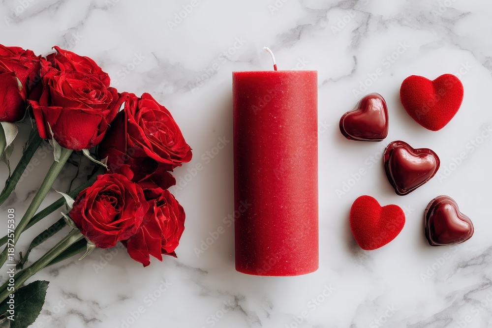 Vibrant red objects arranged artistically on a white marbled surface for romance and affection