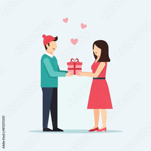A man in a red beanie and a woman in a red dress exchanging a gift with hearts floating above them, symbolizing love and affection.