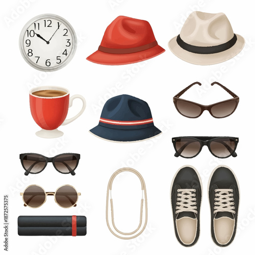 A collection of various fashion accessories, everyday items, and personal belongings including hats, sunglasses, a clock, a mug, and shoes.