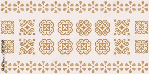 Intricate repeating floral and geometric pattern in warm beige and brown tones
