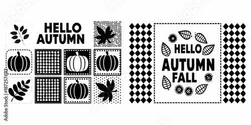 Hello autumn seamless patterns with pumpkins leaves and plaid backgrounds