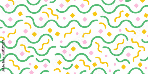 Colorful abstract pattern featuring wavy lines and scattered diamond confetti