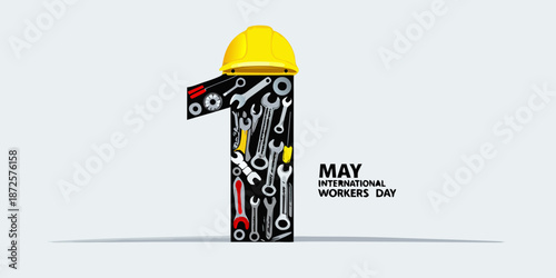 A stylized number one with construction tools and a yellow hard hat